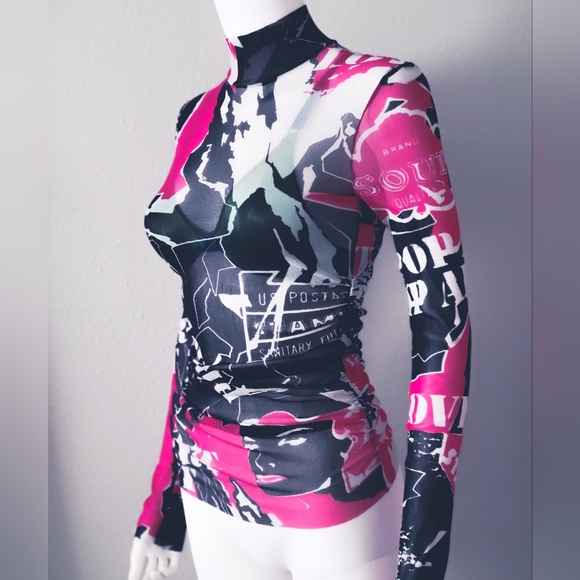 United Colors Of Benetton Tops - Benetton Top • Pop Art Graffiti • Vintage Sheer Blouse • Long Sleeve Mesh • Mock